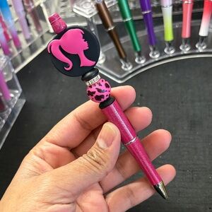 Pink Glitter Barbie Pen with Black and Pink Charm